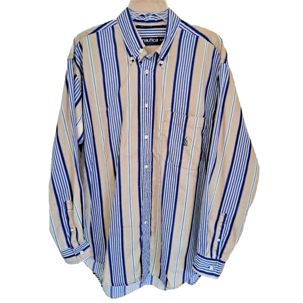 Nautica Shirt Mens L‎ Tan Blue Green Striped Long Sleeve Casual Button Up Cotton